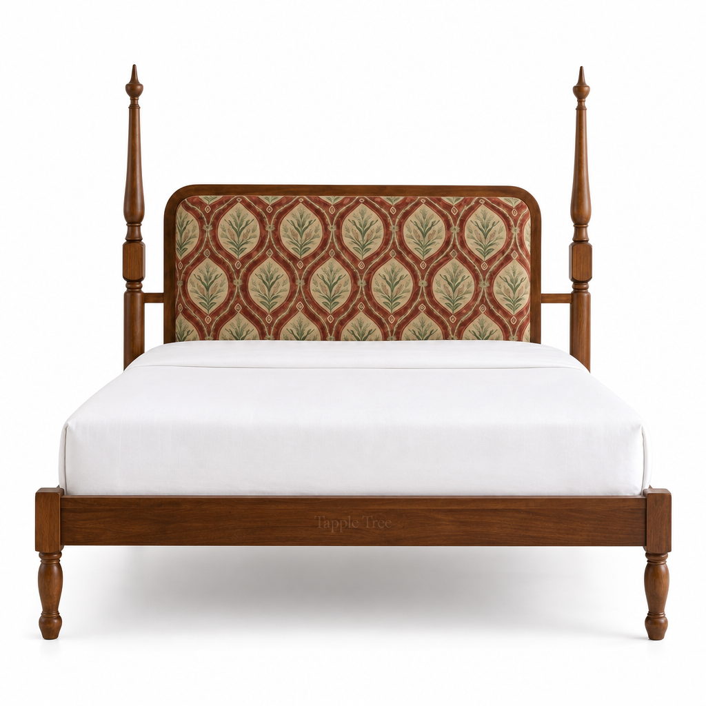 Botanical upholstered teak bed, front view on a white background