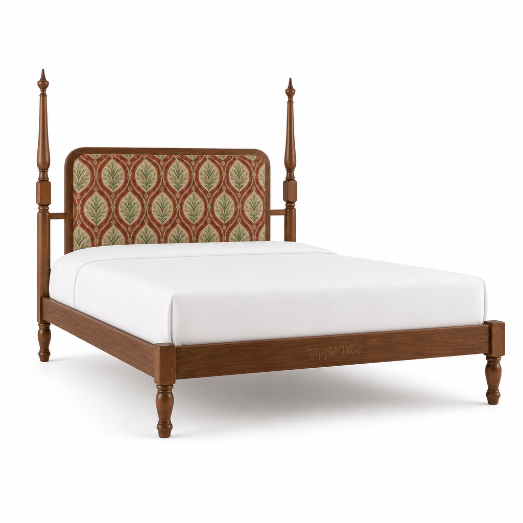 Botanical upholstered teak bed, opposite three-quarter view on a white background