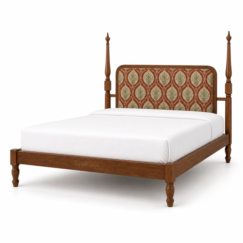 Botanical upholstered teak bed, three-quarter view on a white background