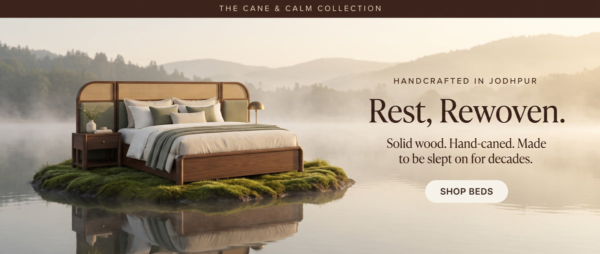 Rest, rewoven: solid wood bed with a hand-caned headboard, handcrafted in Jodhpur. Shop beds.