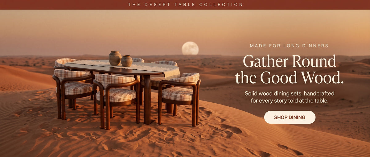 Gather round the good wood: solid wood dining set handcrafted in Jodhpur, set in desert dunes. Shop dining.