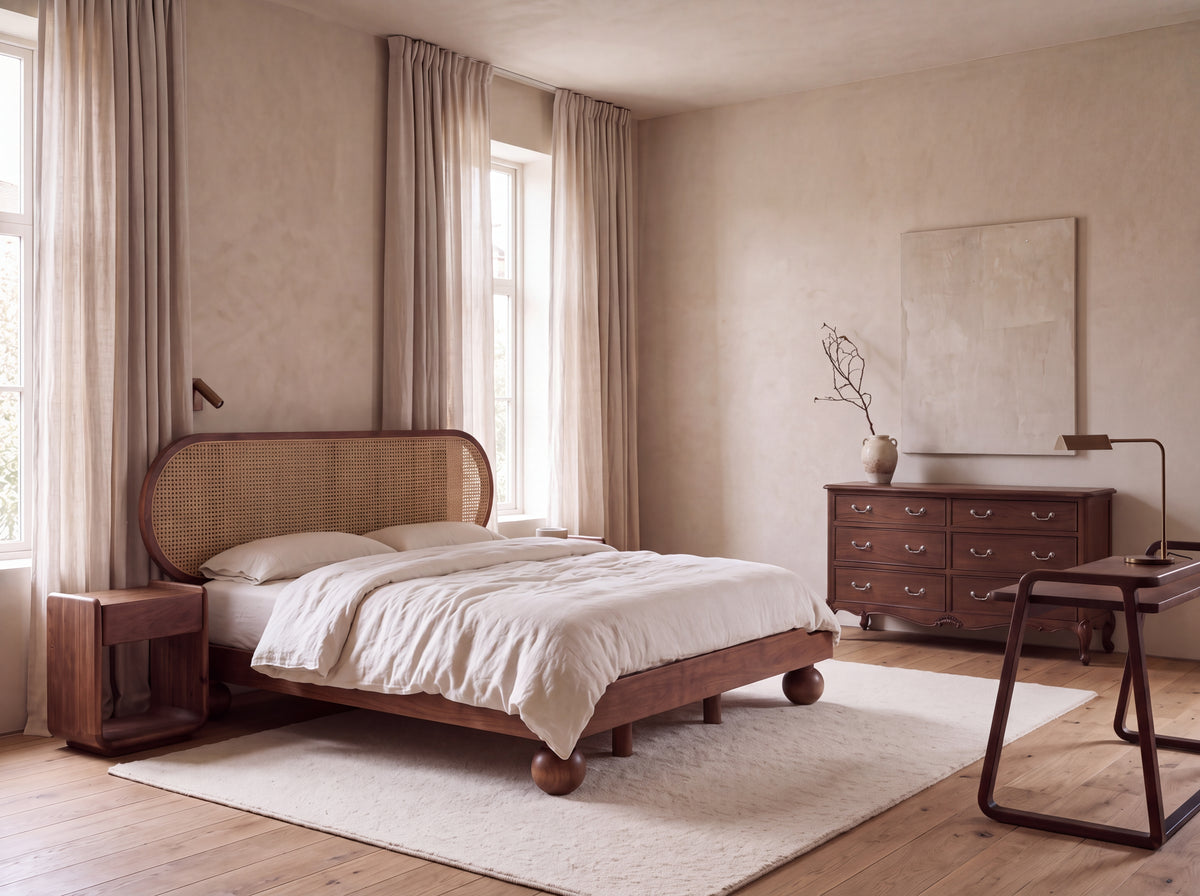 The Calm Cane Bedroom, featuring Ashford Grove King Bed, Aubrey Field Bedside Table, Juniper Wood Study Table, Briar Cove Chest of Drawers.