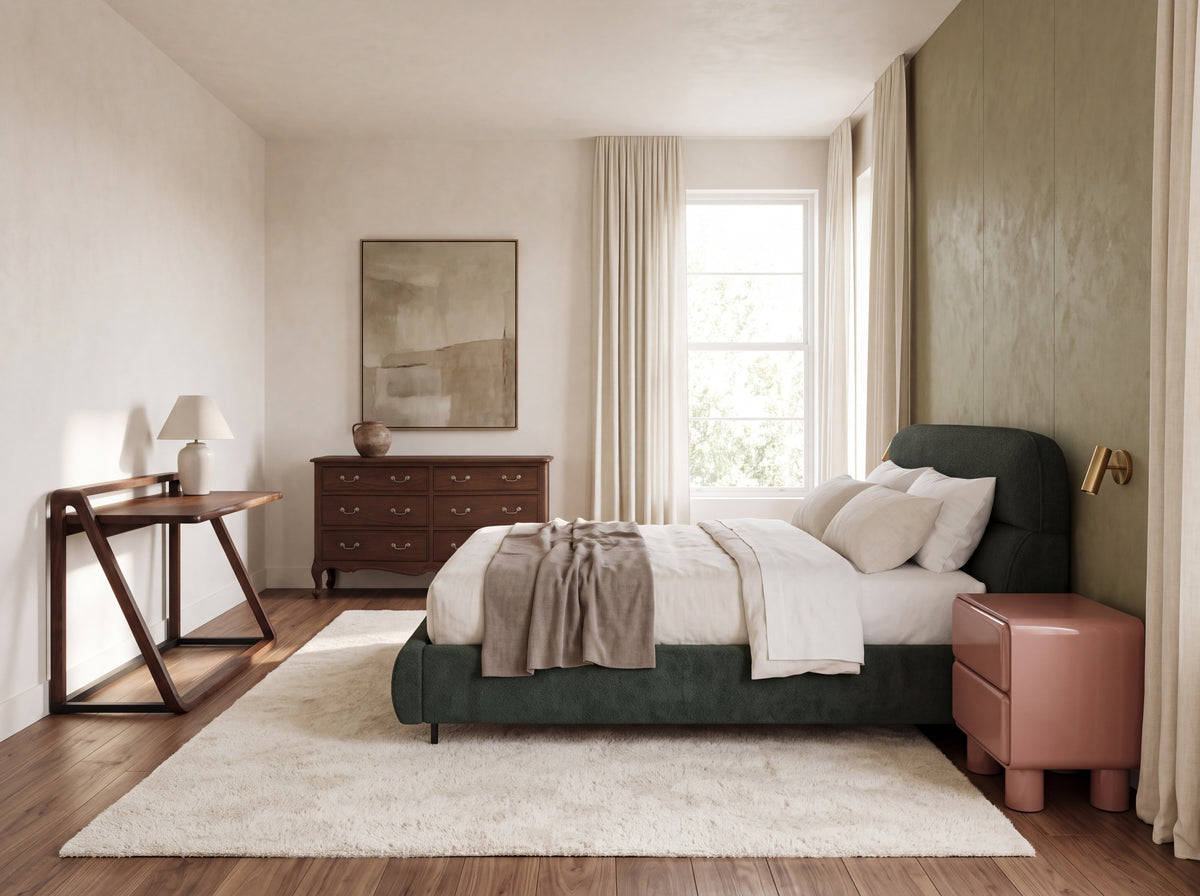 The Sculptural Bedroom, featuring Arden Heath King Bed, Aster Brook Bedside Table, Juniper Wood Study Table, Briar Cove Chest of Drawers.
