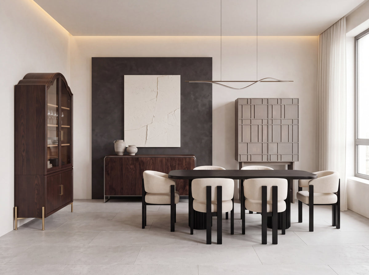 The Modern Dining Room, featuring Noir Fluted Dining Set, Hawthorn Field Sideboard, Cedar Meadow Crockery Cabinet, Alden Meadow Bar Cabinet.