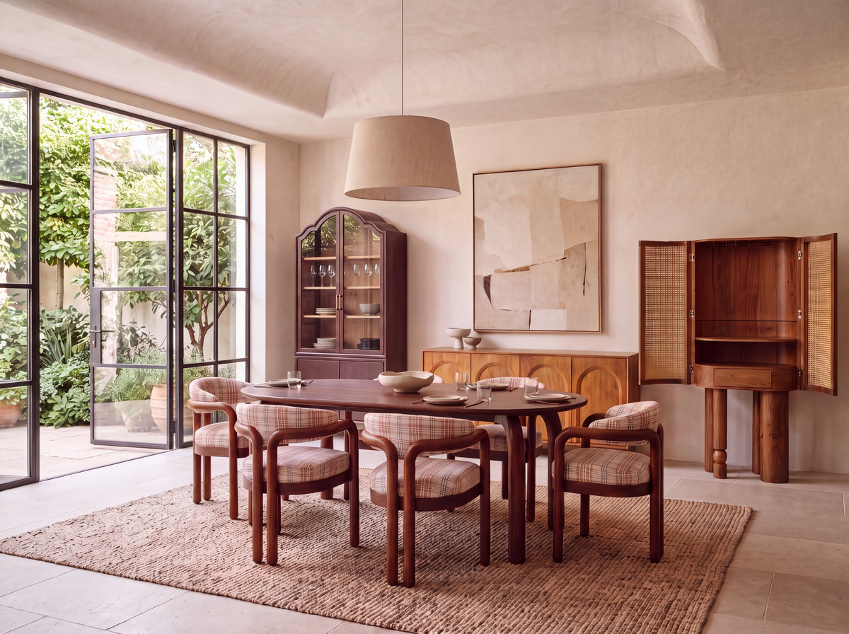 The Warm Entertaining Room, featuring Plaid Curve Acacia Dining Set, Aurevon Arch 4-Door Sideboard, Cedar Meadow Crockery Cabinet, Alden Fern Bar Cabinet.