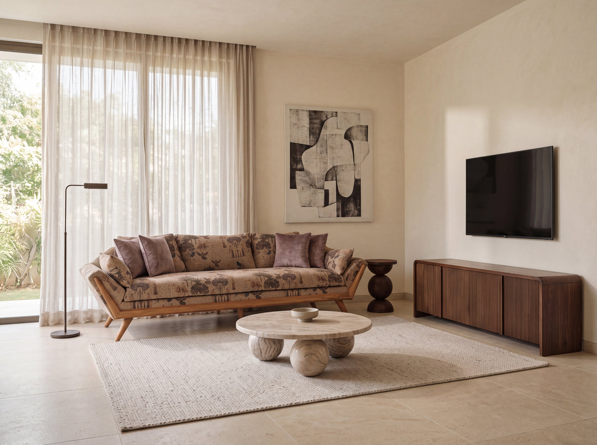 Warm modern living room featuring the Hawthorn Hill sofa, Briar Ridge coffee table, Ember Grove end table and Kestrel Haven TV cabinet.