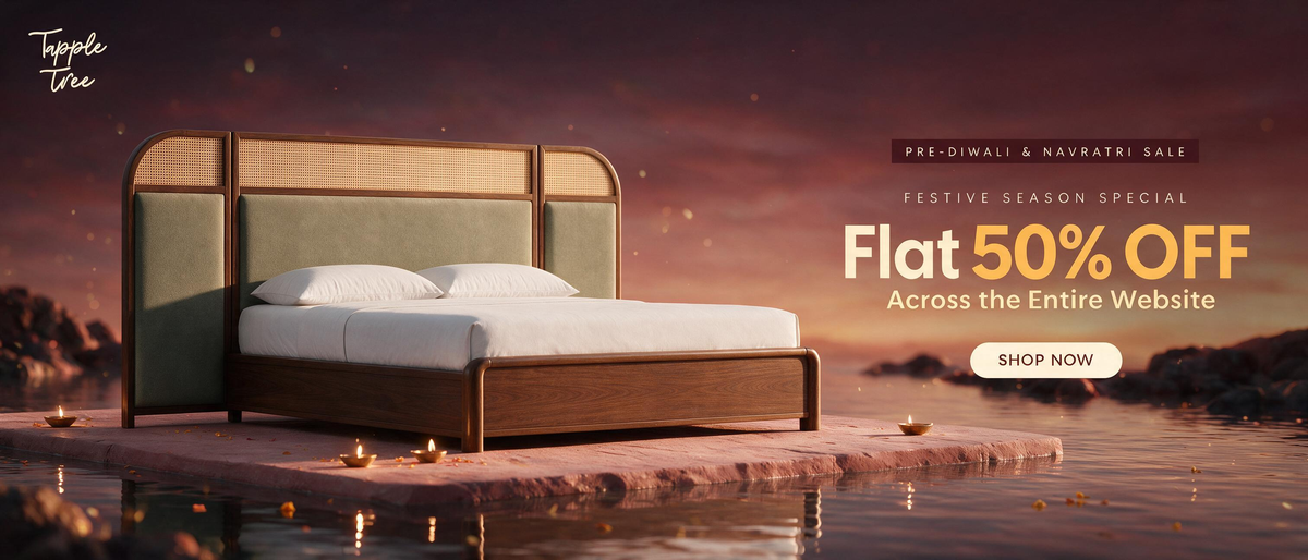 Tapple Tree Pre-Diwali and Navratri sale, flat 50% off across the website, with an upholstered cane bed