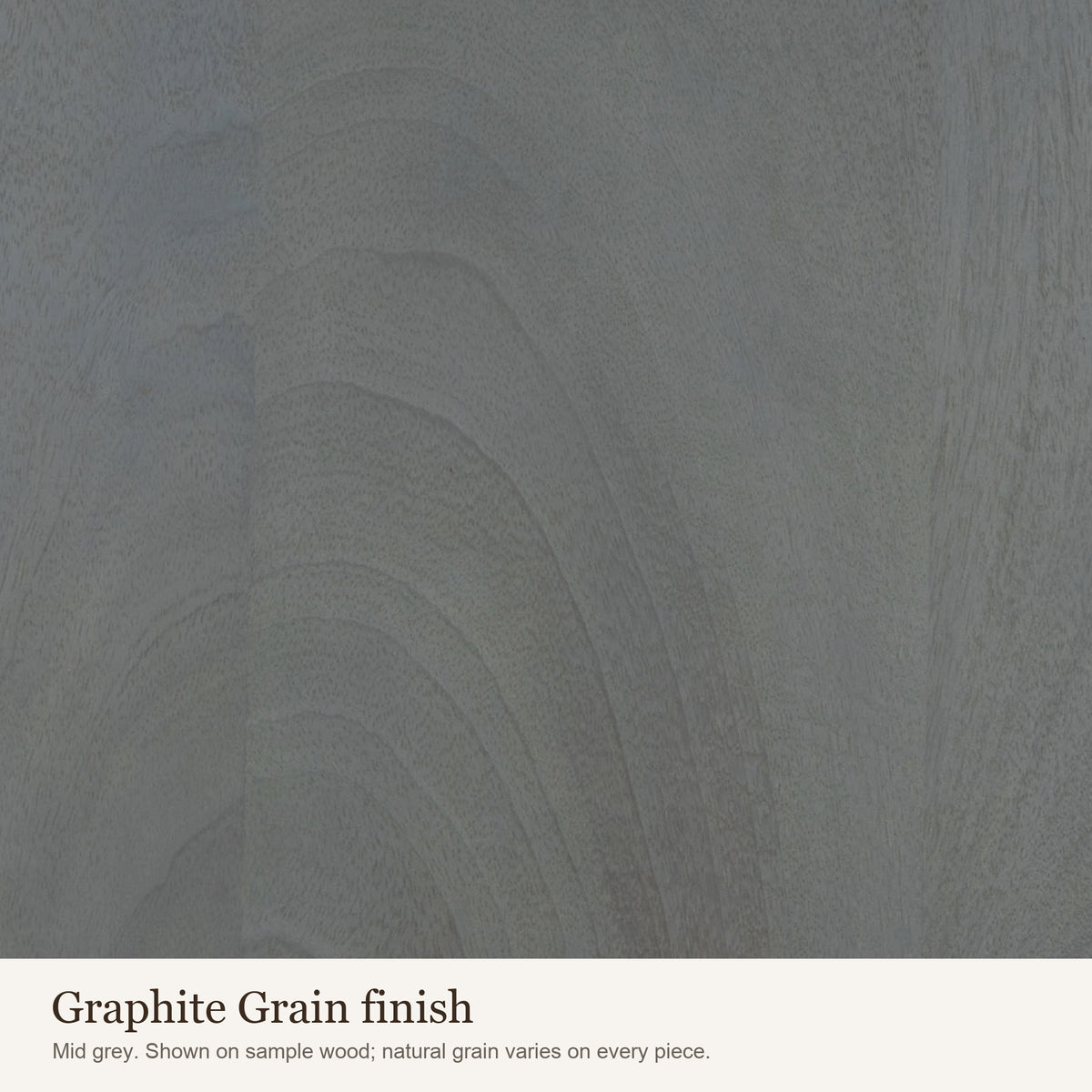 Graphite Grain finish swatch: close-up of the mid grey wood colour and grain