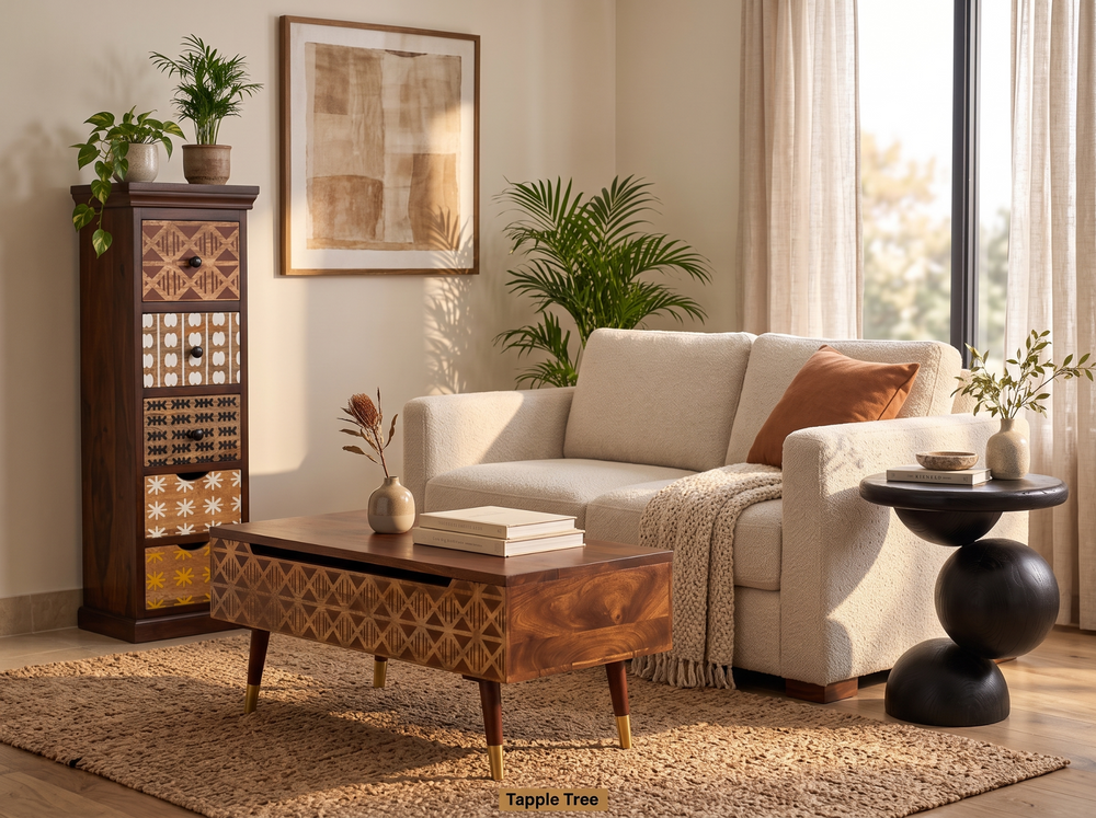 Living room featuring the Lisbon coffee table, Gabon chest and Ohana end table