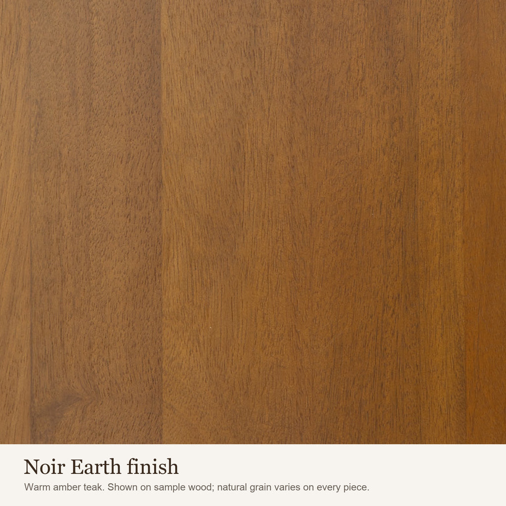 Noir Earth finish swatch: close-up of the warm amber teak wood colour and grain