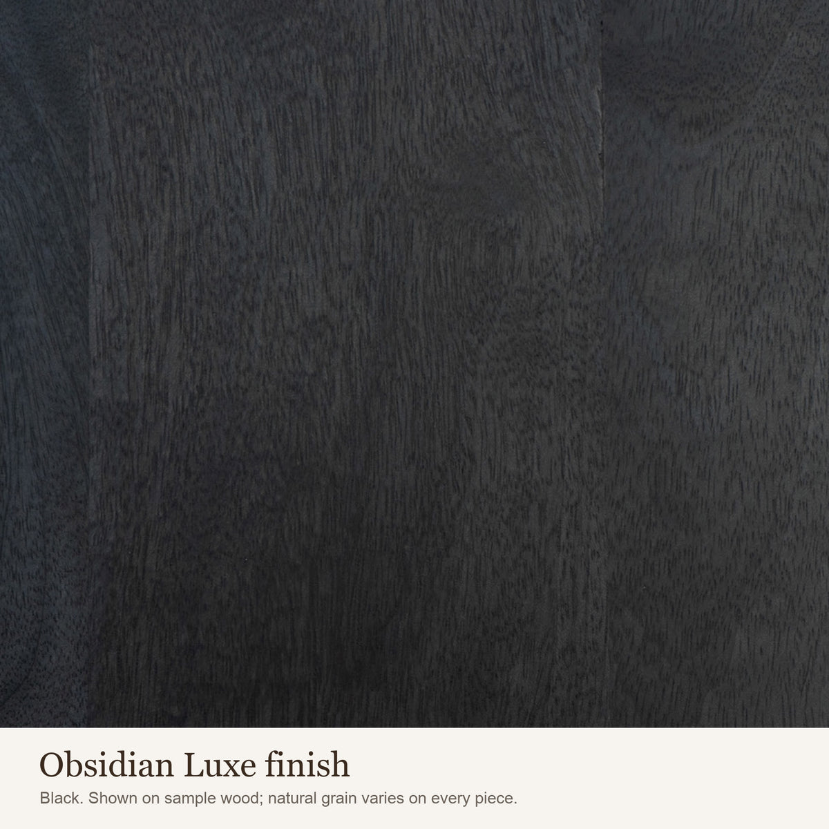 Obsidian Luxe finish swatch: close-up of the black wood colour and grain