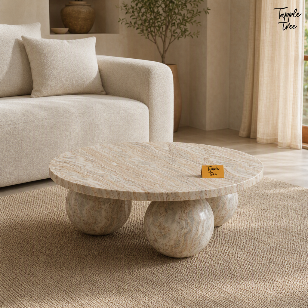 Beige Orb Marble Coffee Table — lifestyle opposite angle