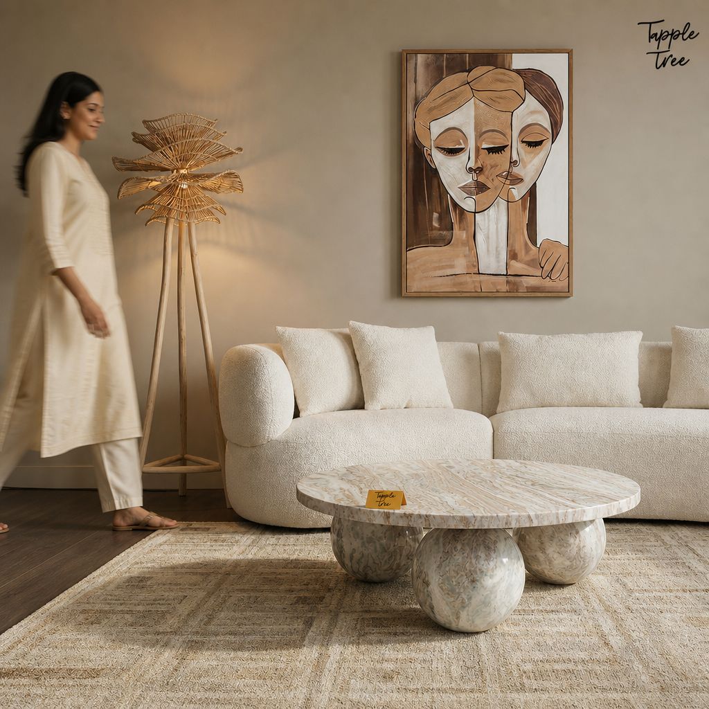 Beige Orb Marble Coffee Table — lifestyle walking woman