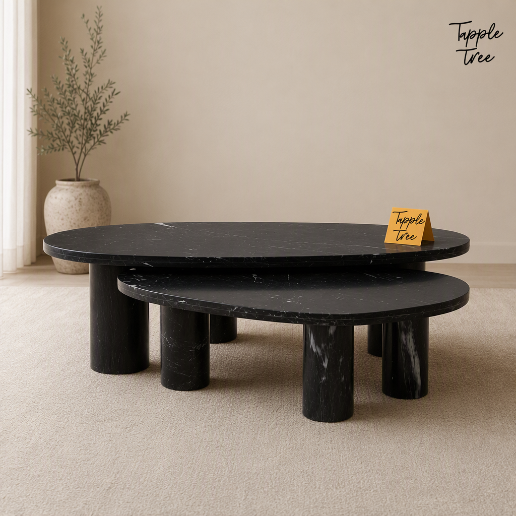 Noir Oval Marble Coffee Table Set — lifestyle front