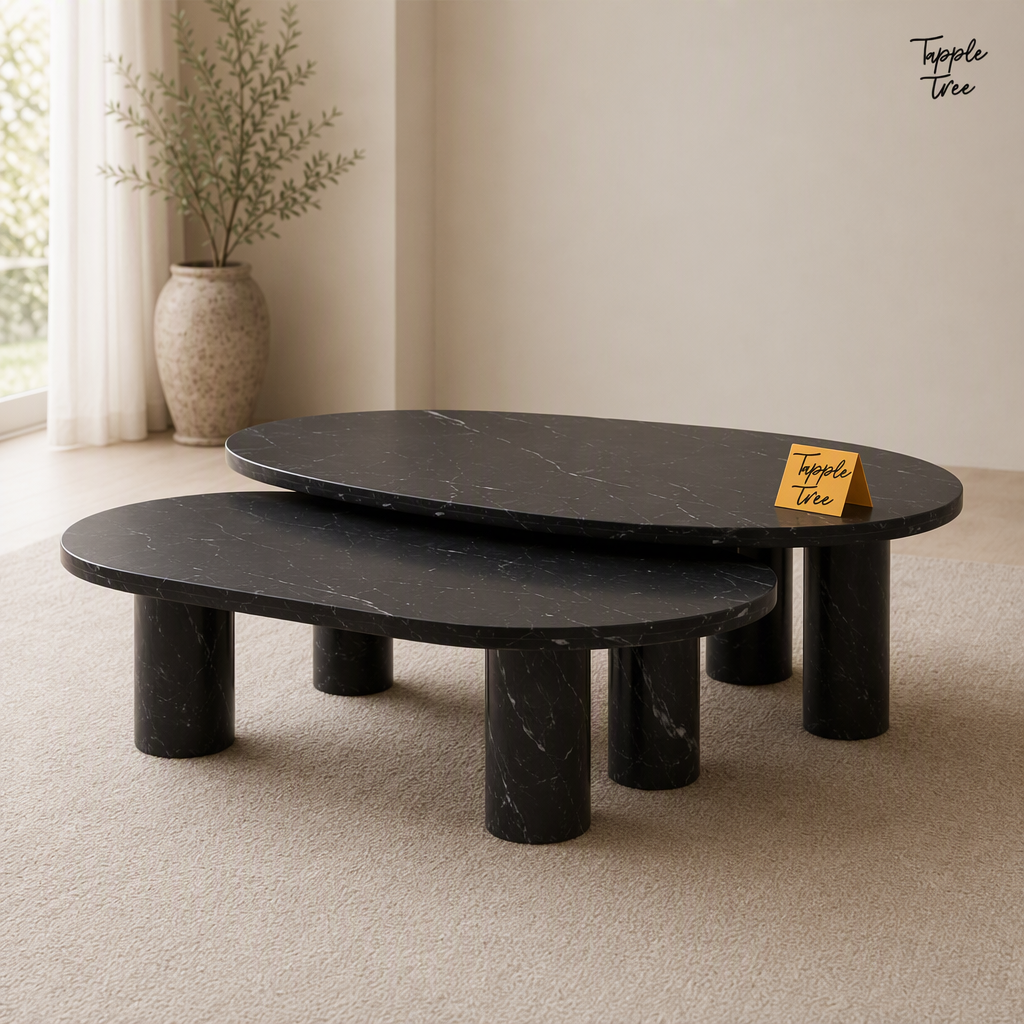 Noir Oval Marble Coffee Table Set — lifestyle opposite angle
