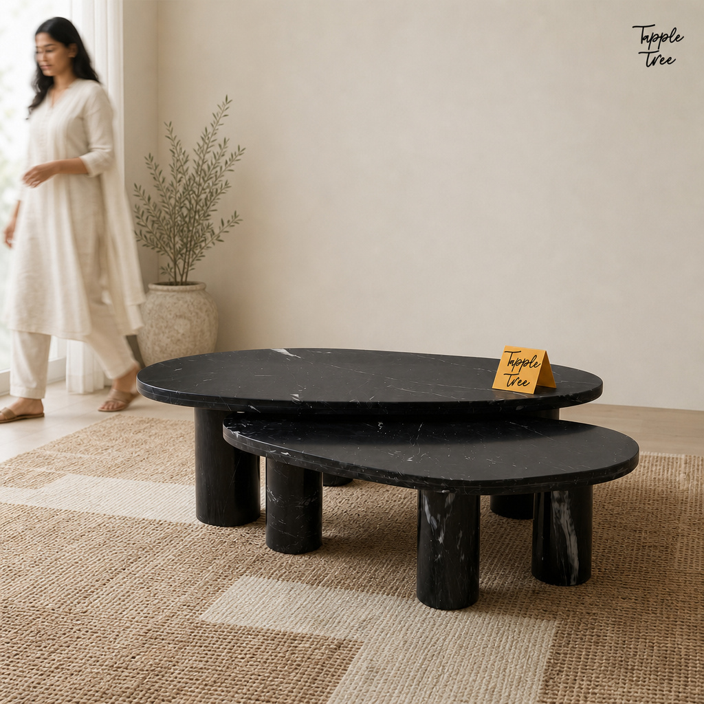 Noir Oval Marble Coffee Table Set — lifestyle walking woman