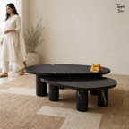 Noir Oval Marble Coffee Table Set — lifestyle walking woman
