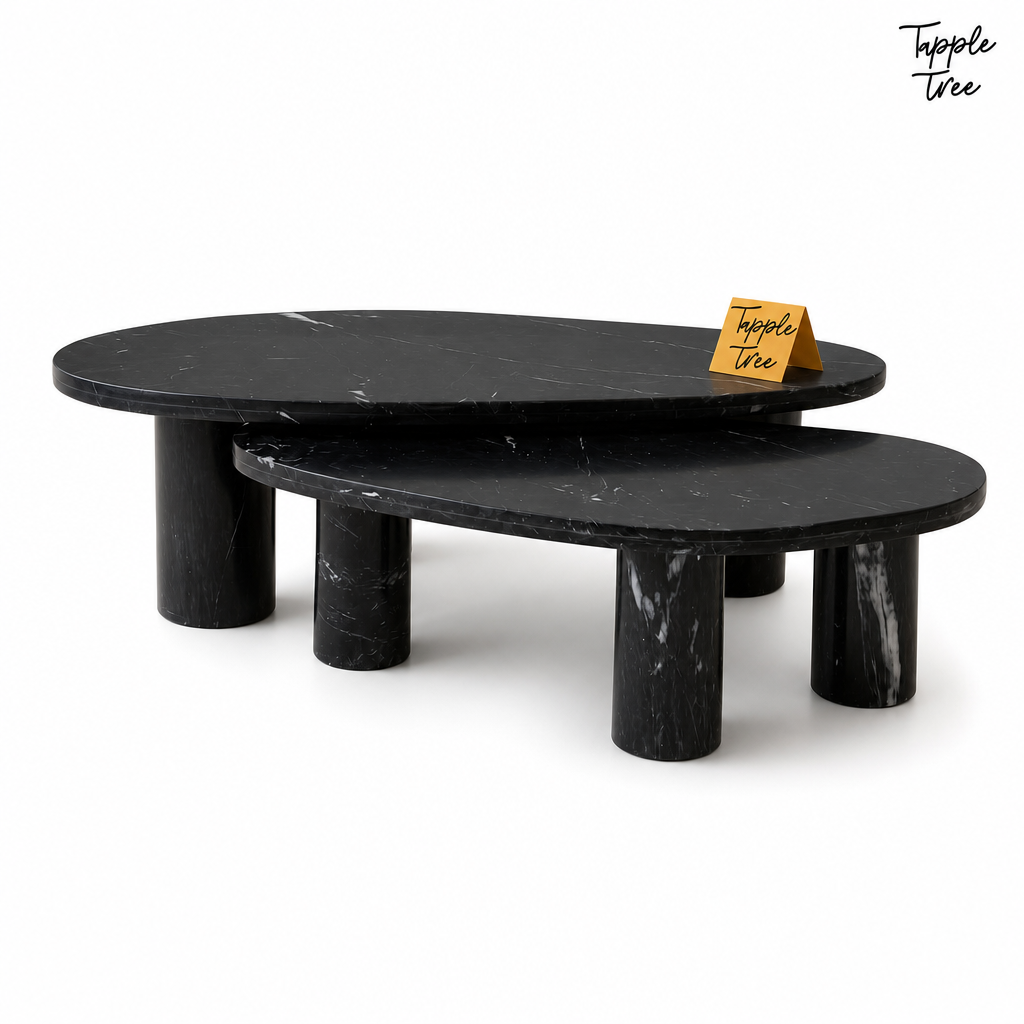 Noir Oval Marble Coffee Table Set — white three quarter