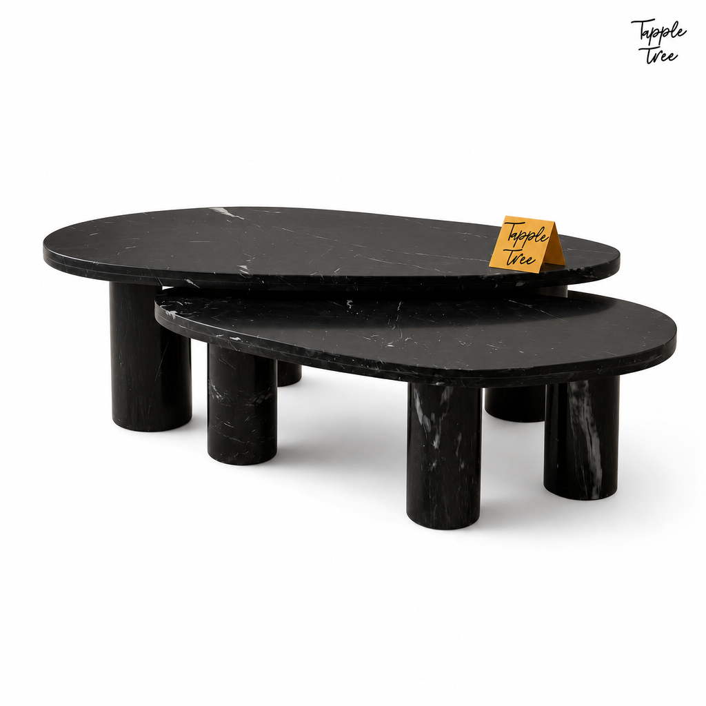 Noir Oval Marble Coffee Table Set — white opposite angle