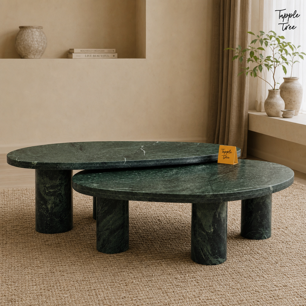 Emerald Oval Marble Coffee Table Set — lifestyle front