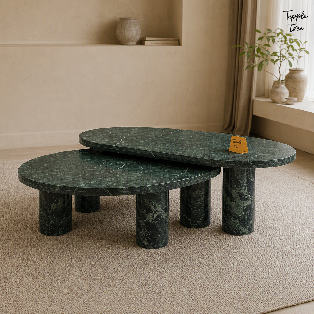 Emerald Oval Marble Coffee Table Set — lifestyle opposite angle