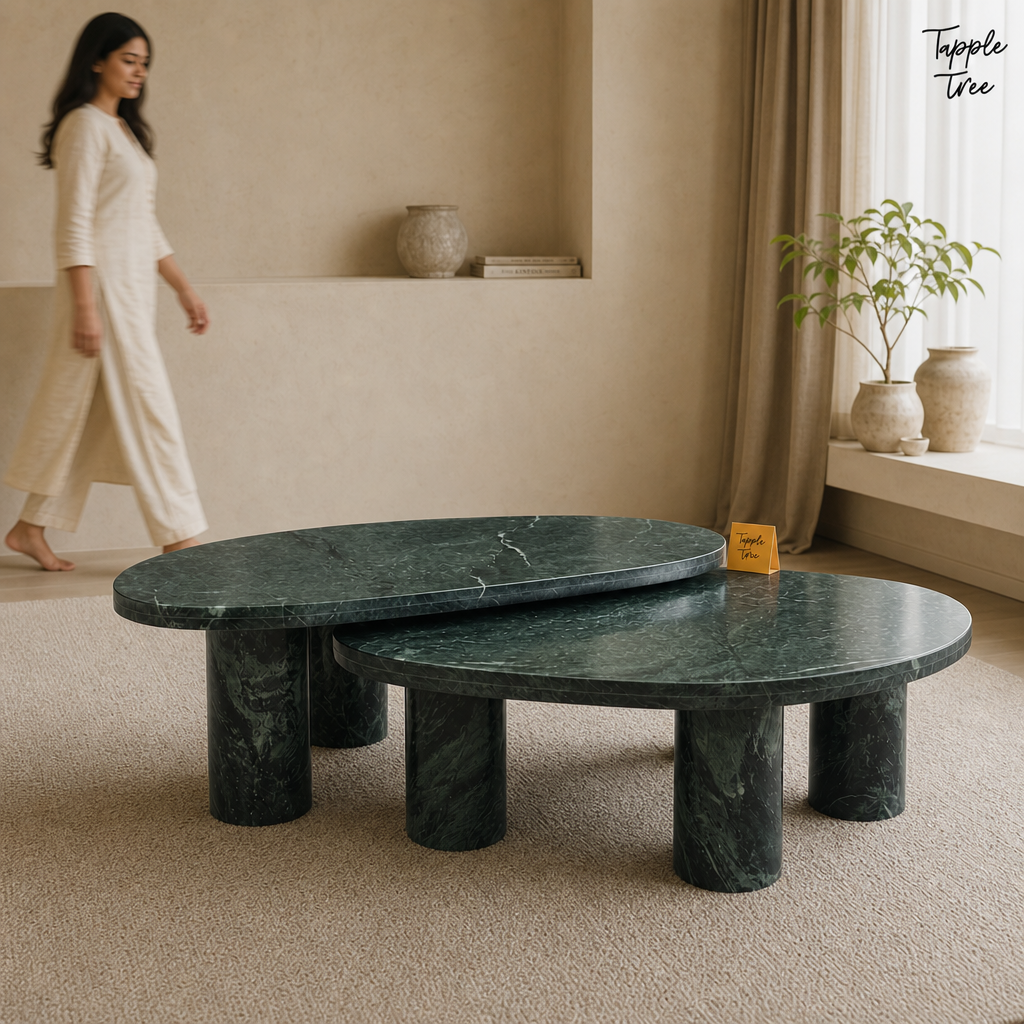 Emerald Oval Marble Coffee Table Set — lifestyle walking woman