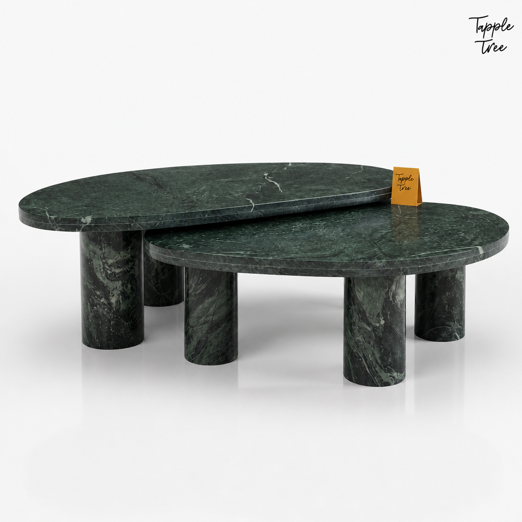 Emerald Oval Marble Coffee Table Set — white three quarter