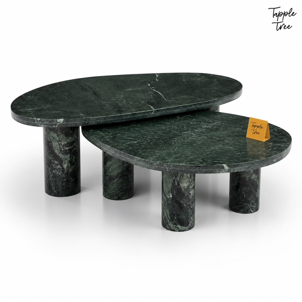 Emerald Oval Marble Coffee Table Set — white opposite angle