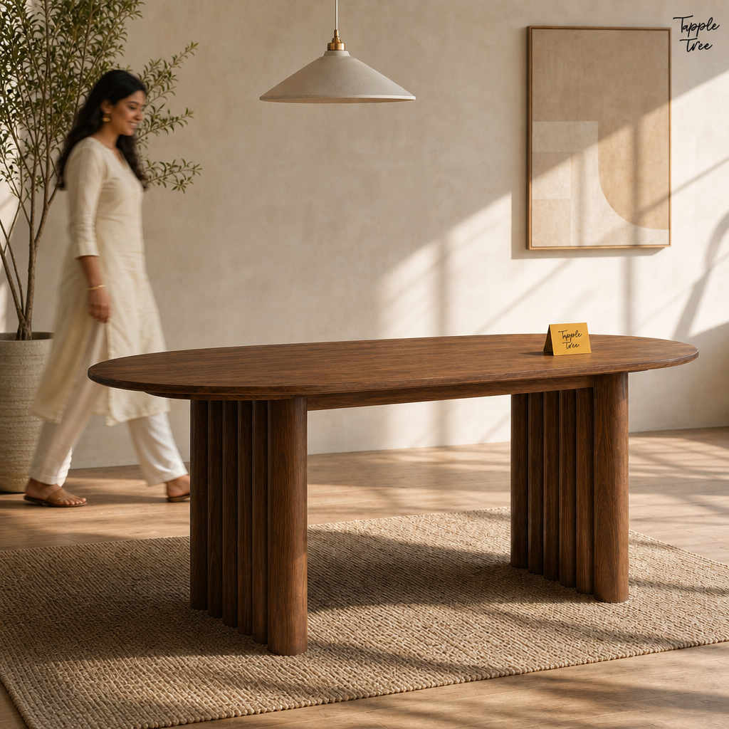 Fluted Oval Parawood Dining Table — lifestyle walking woman