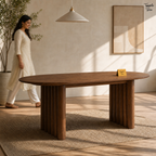 Fluted Oval Parawood Dining Table — lifestyle walking woman