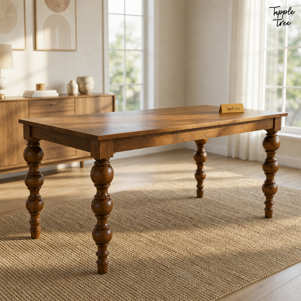 Heritage Turned-Leg Mango Dining Table — lifestyle opposite angle