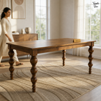 Heritage Turned-Leg Mango Dining Table — lifestyle walking woman