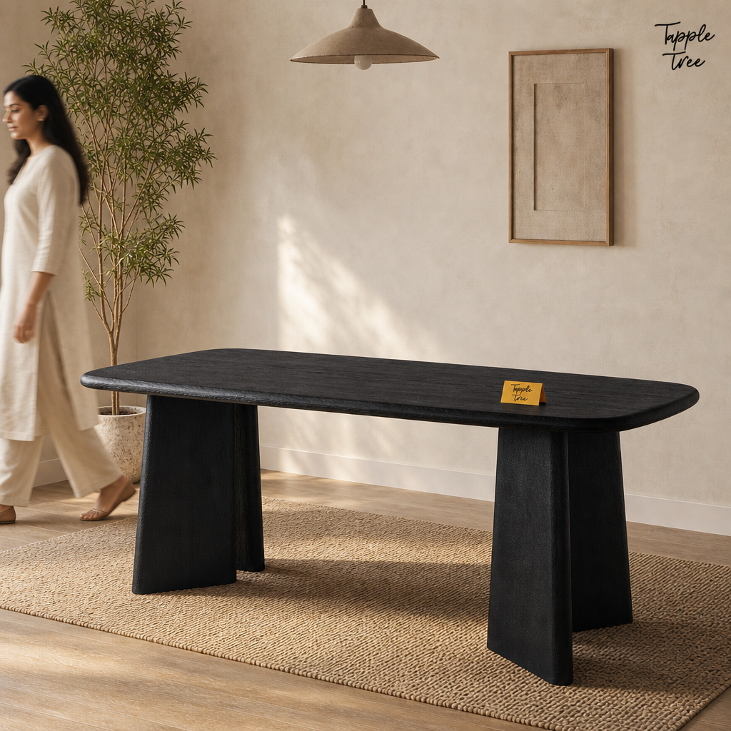 Noir Tapered Dining Table — lifestyle walking woman