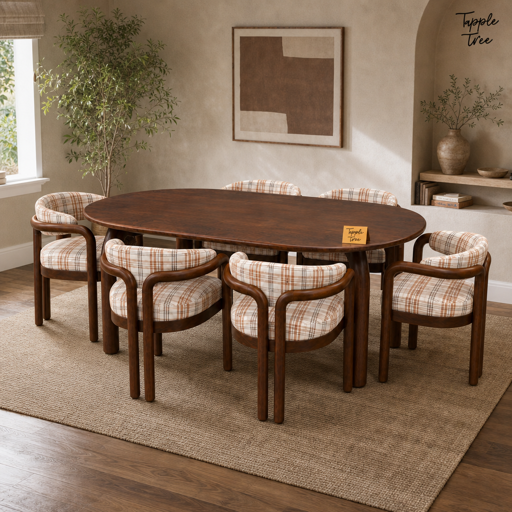 Plaid Curve Teak Dining Set — lifestyle hero