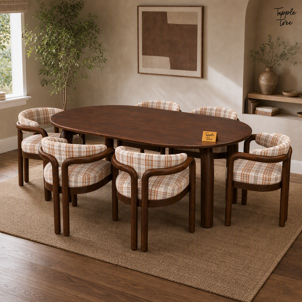 Plaid Curve Teak Dining Set — lifestyle opposite angle