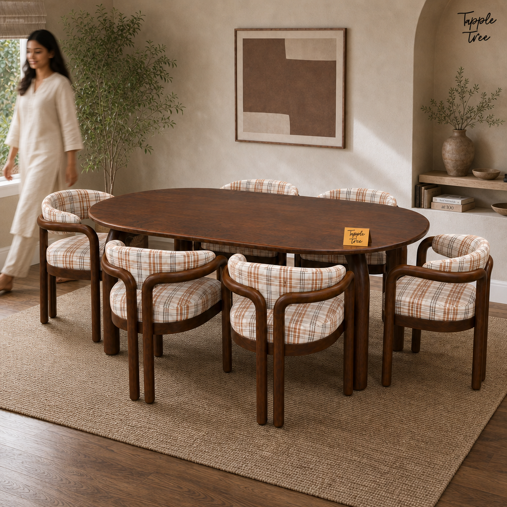 Plaid Curve Teak Dining Set — lifestyle walking woman