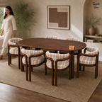 Plaid Curve Teak Dining Set — lifestyle walking woman