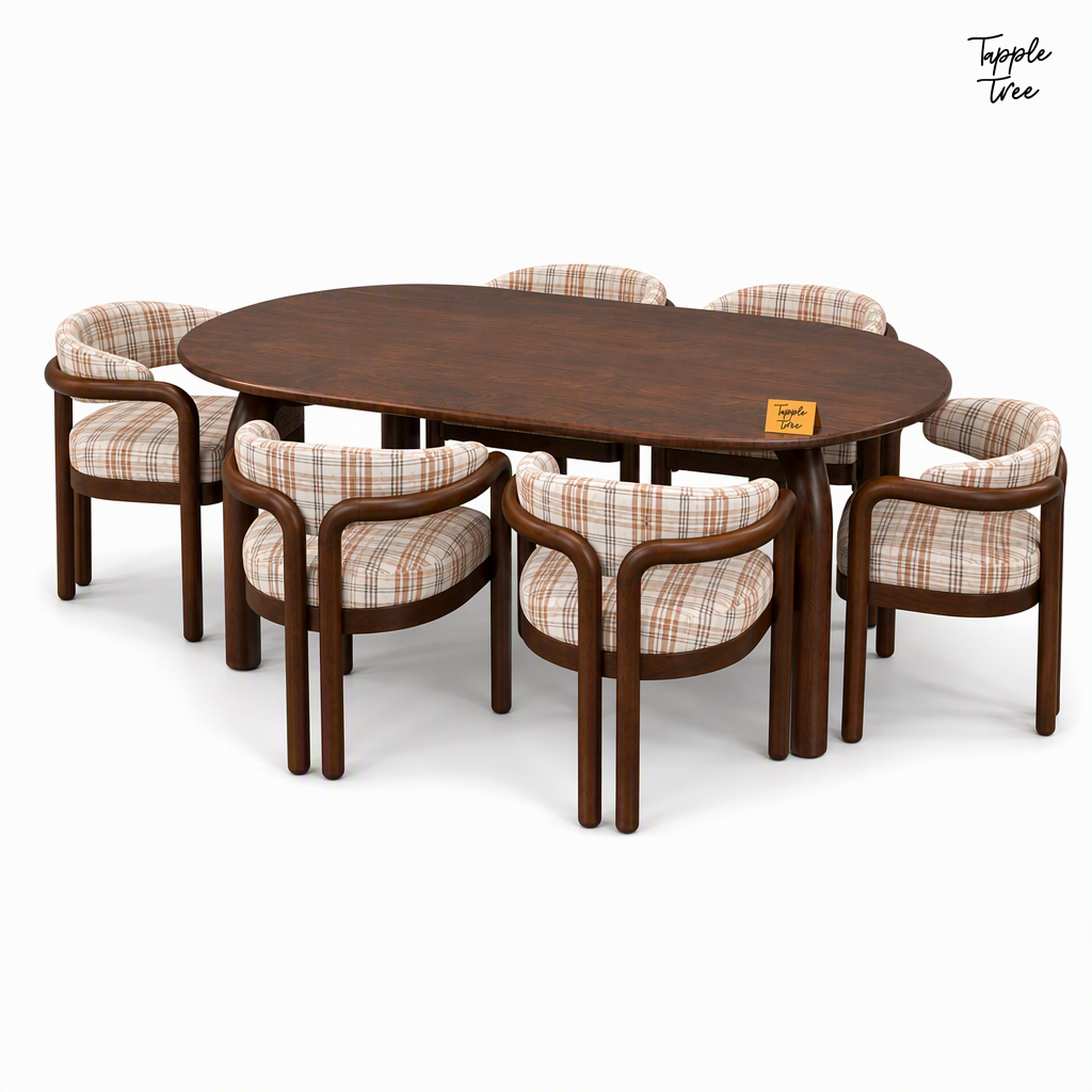 Plaid Curve Teak Dining Set — white three quarter