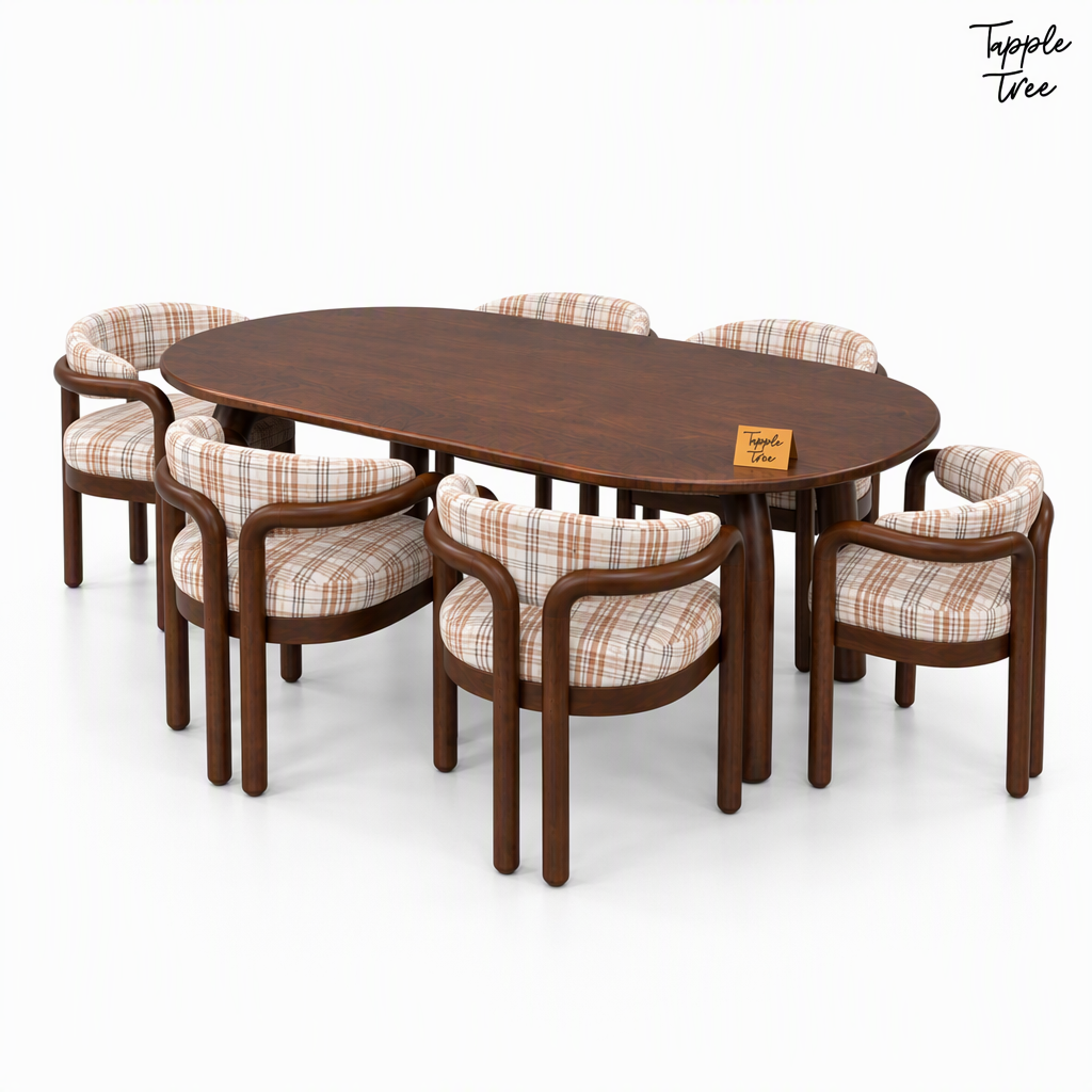 Plaid Curve Teak Dining Set — white opposite angle
