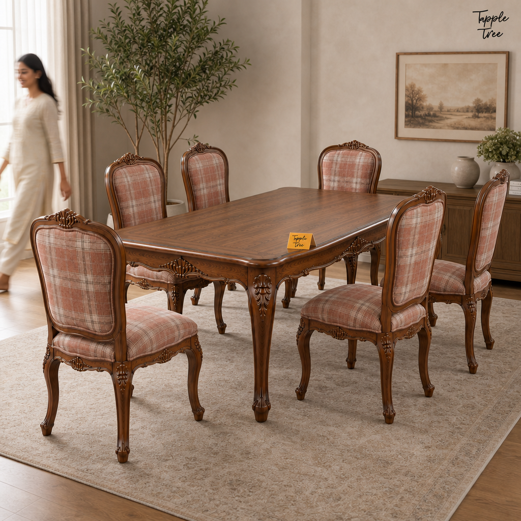 Rose Plaid Heritage Dining Set — lifestyle walking woman