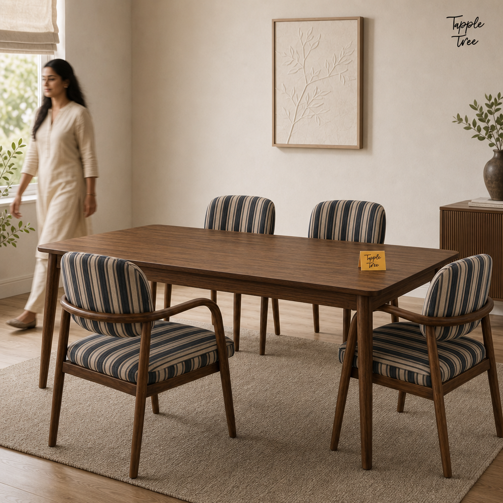 Indigo Stripe Sheesham Dining Set — lifestyle walking woman