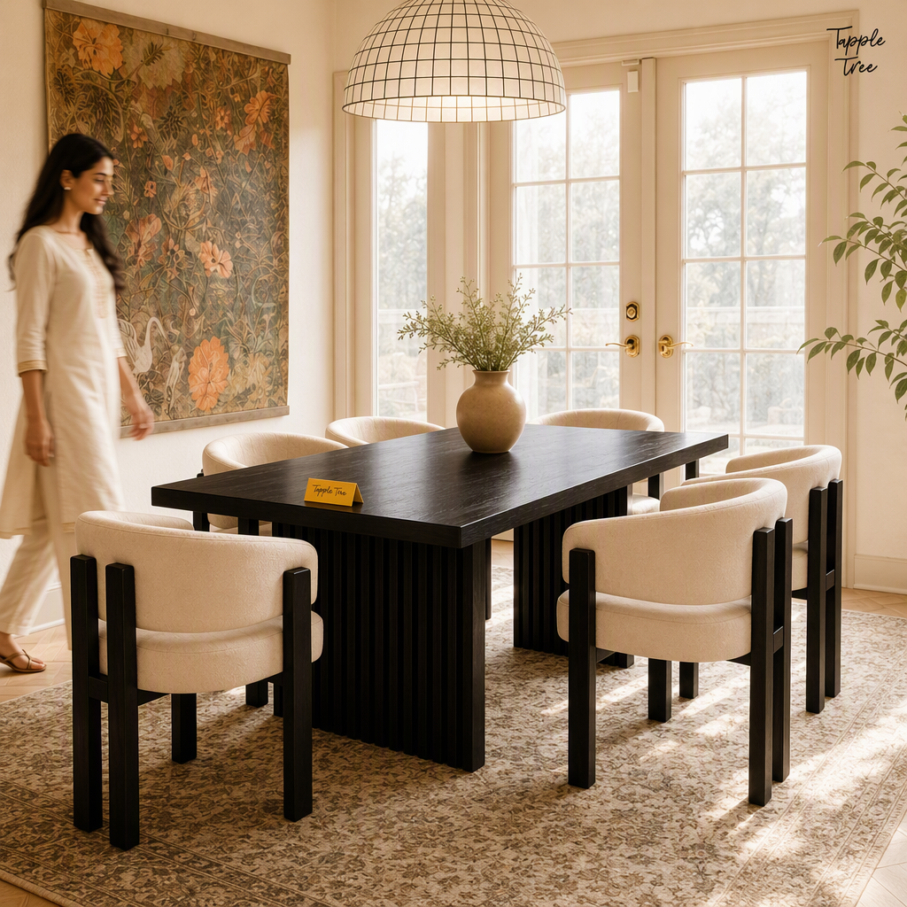 Noir Fluted Dining Set — lifestyle walking woman