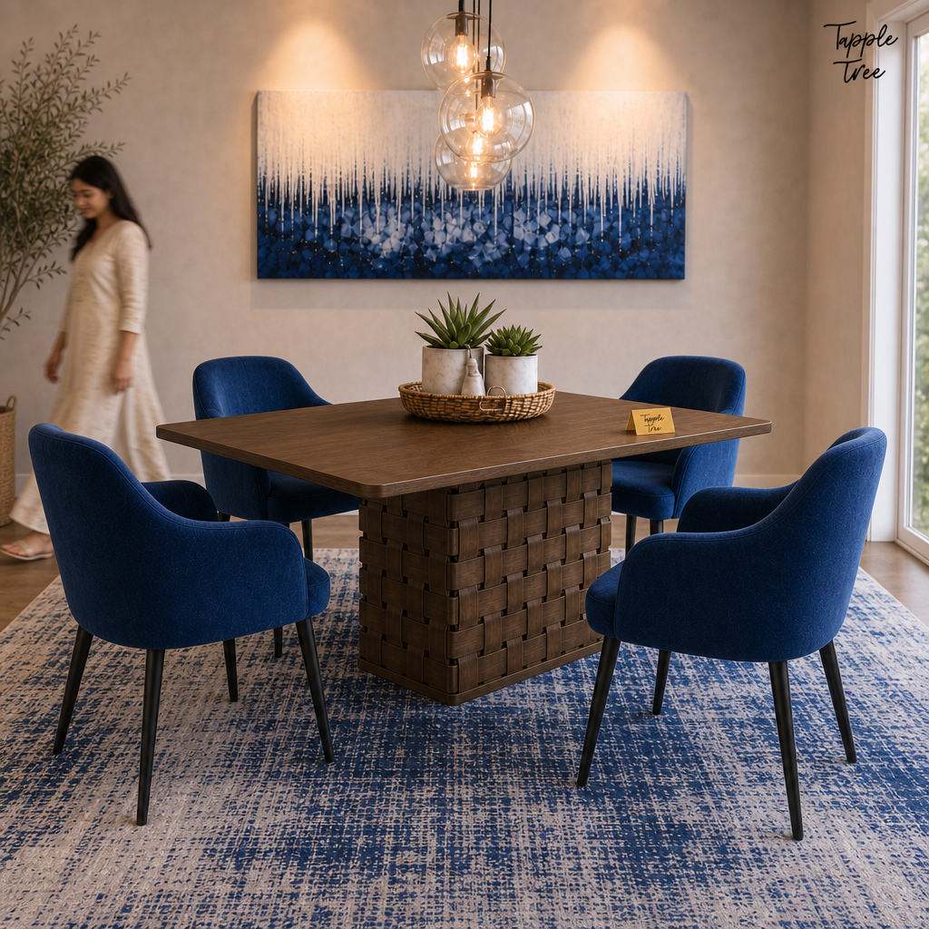 Woven Pedestal Dining Set — lifestyle walking woman