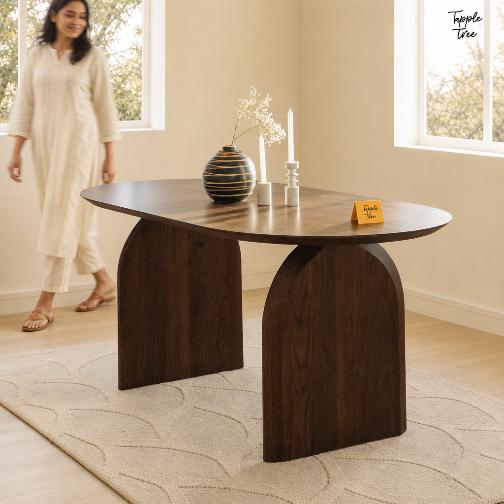 Walnut Arch Acacia Dining Table — lifestyle walking woman