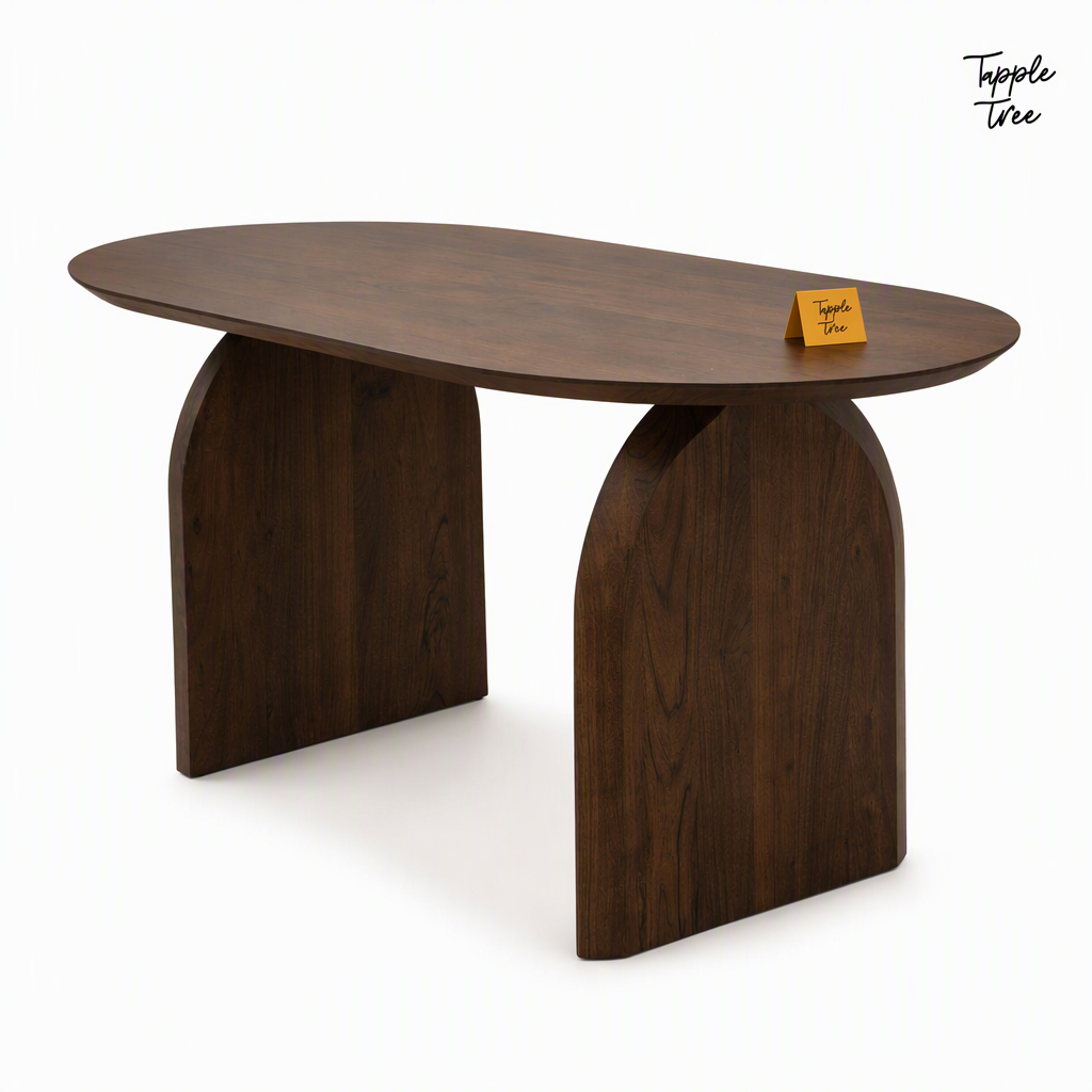 Walnut Arch Acacia Dining Table — white three quarter