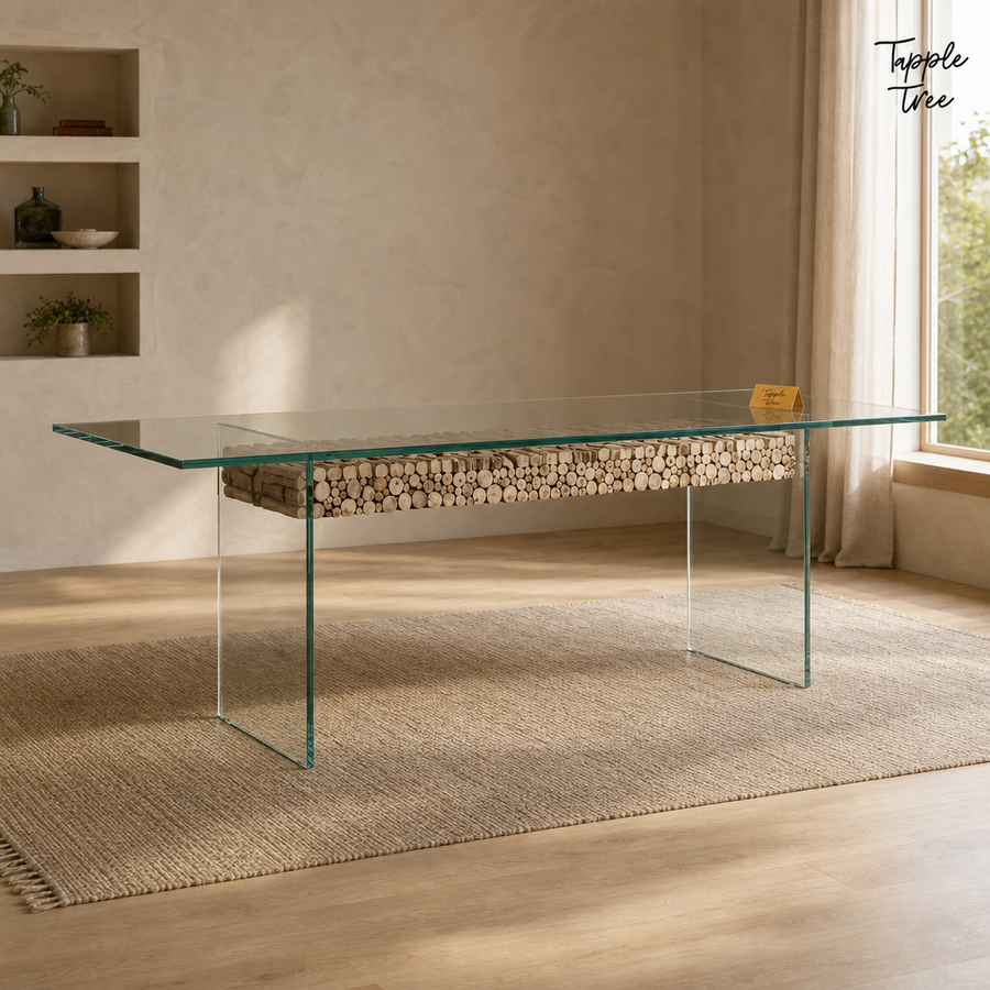 Driftwood Glass Dining Table — lifestyle hero