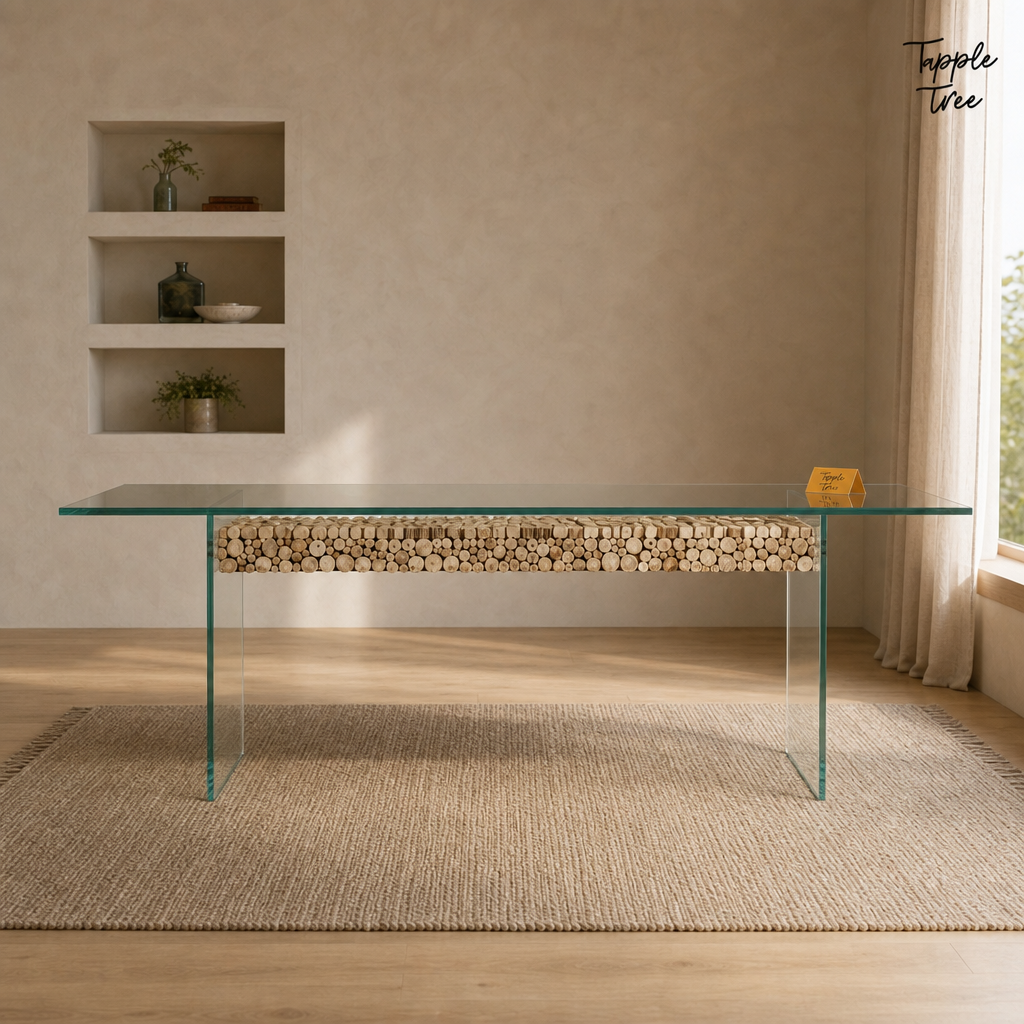 Driftwood Glass Dining Table — lifestyle front