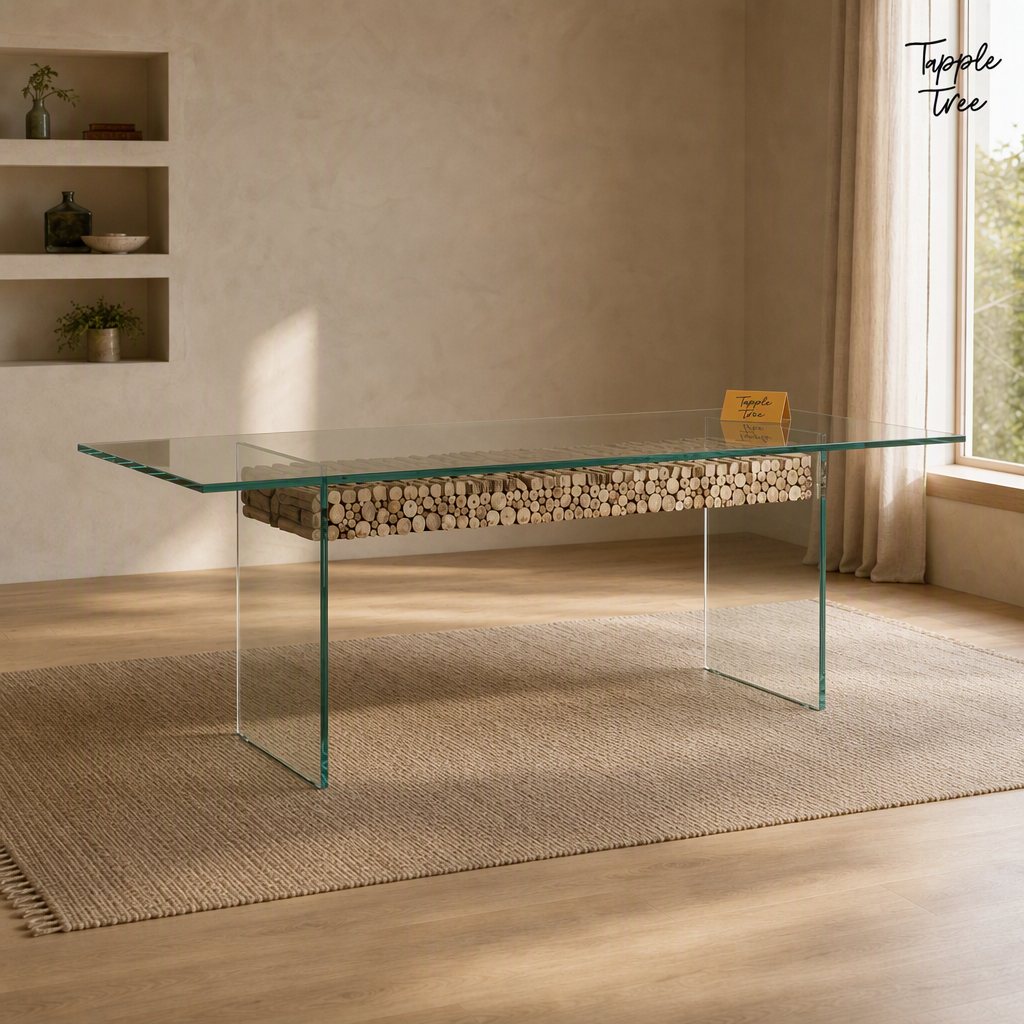 Driftwood Glass Dining Table — lifestyle opposite angle