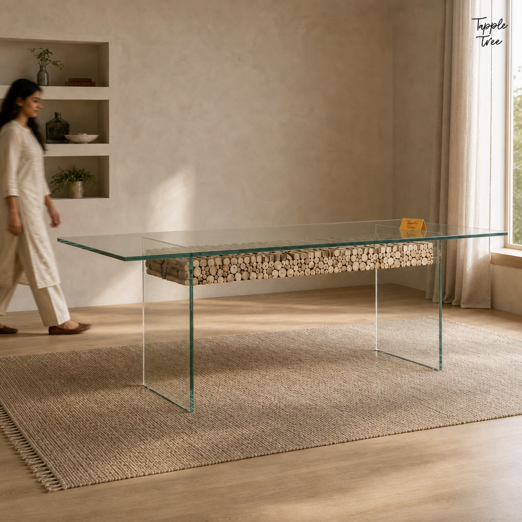Driftwood Glass Dining Table — lifestyle walking woman