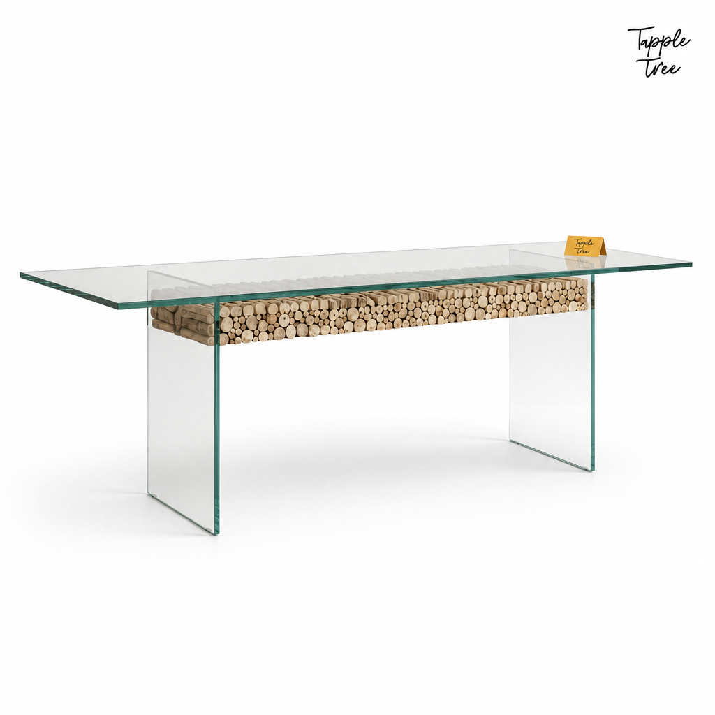 Driftwood Glass Dining Table — white three quarter